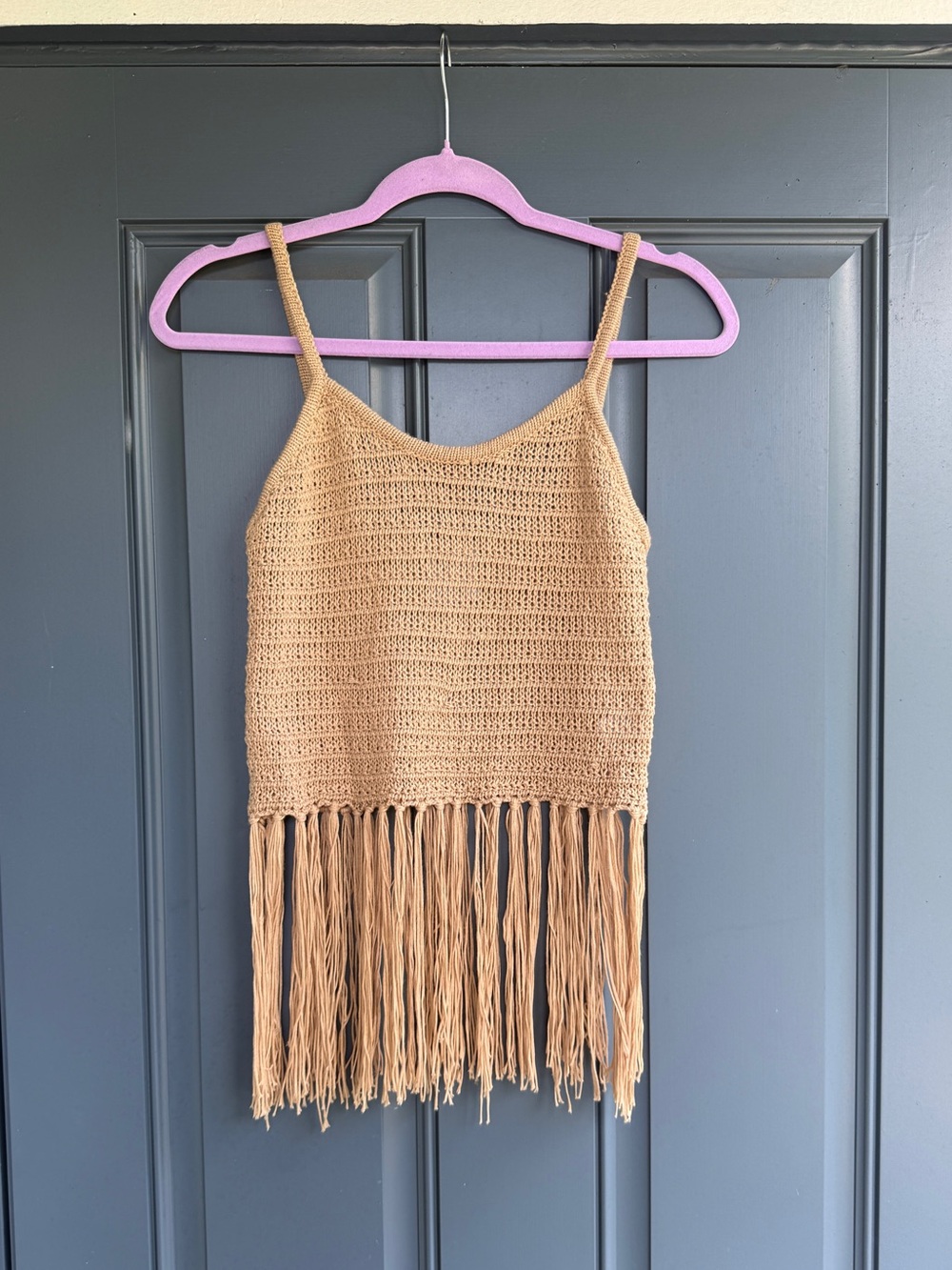 Fringed Crochet Cami Tank Top - Tan